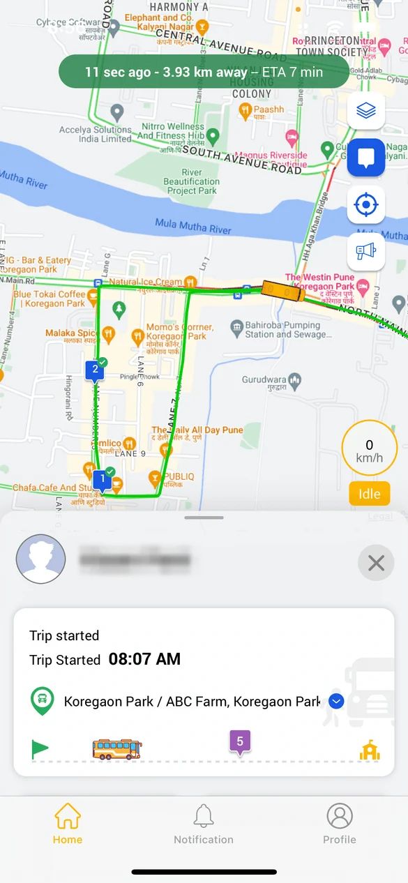 My School Ride parent app showing the school bus on a live map