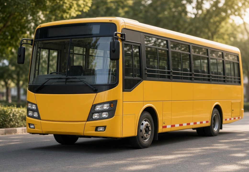 Yellow school bus fitted with Satcop GPS, attendance readers and cameras, tracked live on My School Ride